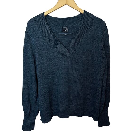 GAP Preppy V Neck Tunic Sweater 100% Cotton Blue Women's Medium Ribbed Heavy - Picture 1 of 6